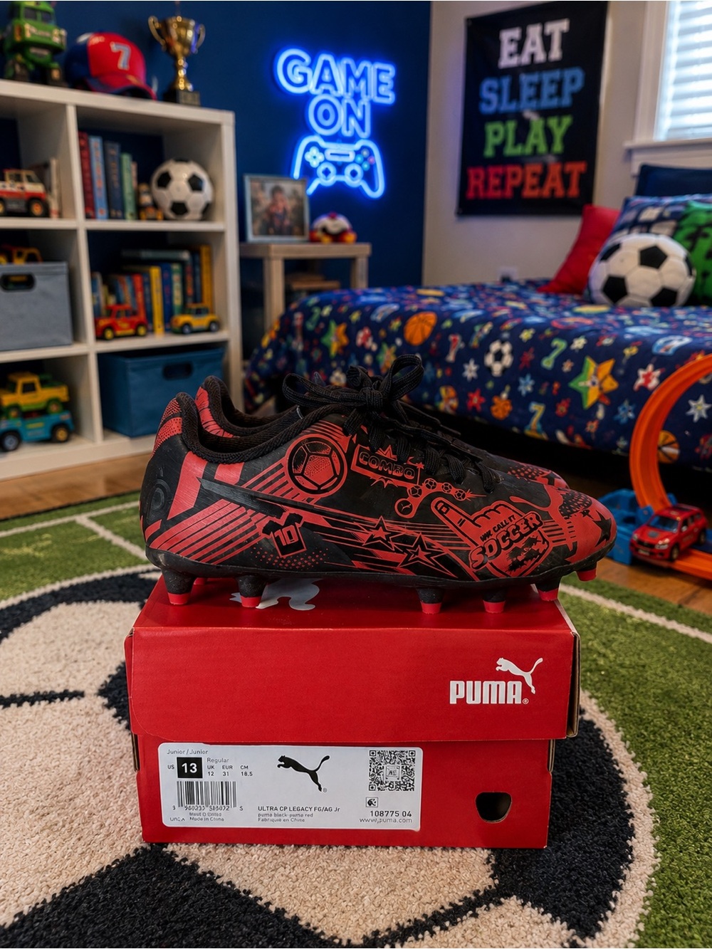Puma Black & Red Boys Soccer Cleats with Graphic Print